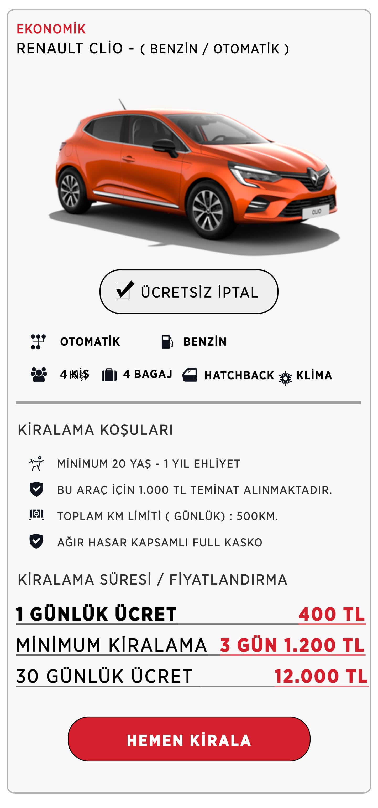 Kiralık Renault Clio - Kiralık Araç - Aylık Kiralık Araç - Ucuz Araç Kiralama - Kiralık Renault Clio