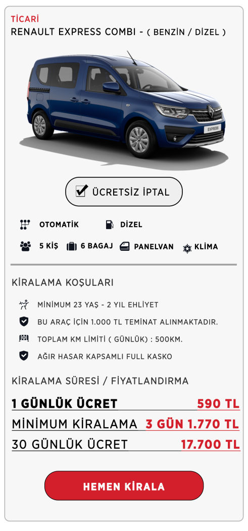 Kiralık Renault Combi - Kiralık Araç - Kiralık Combi - Kiralık Renault - Aylık Kiralık Combi - Panelvan - Ticari