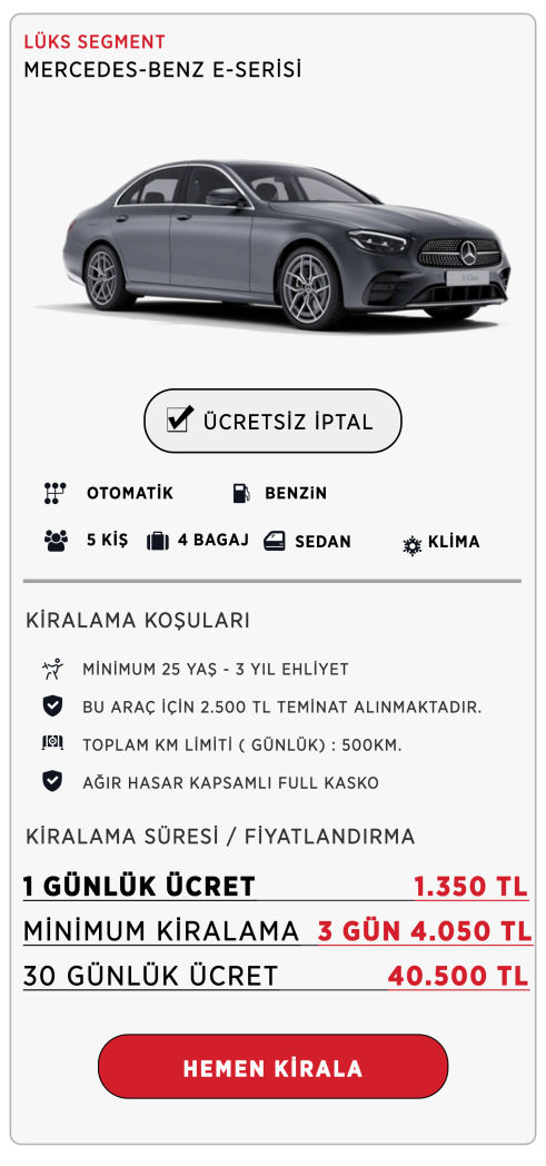 Kiralık Mercedes E Serisi - Kiralık Araç - Kiralık Araba - Günlük Kiralık Araç - Aylık Kiralık Araç