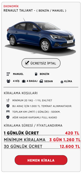 Kiralık Renault Taliant - Kiralık Araç - Kiralık Araba - Günlük Kiralık Araç - Aylık Kiralık Araç