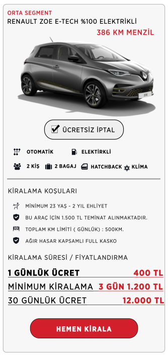 Kiralık Renault ZOE - Kiralık Araç - Kiralık Araba - Günlük Kiralık Araç - Aylık Kiralık Araç